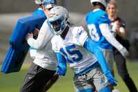 Detroit Lions cornerback Ennis Rakestraw Jr. performs a drill during an NFL rookie football...