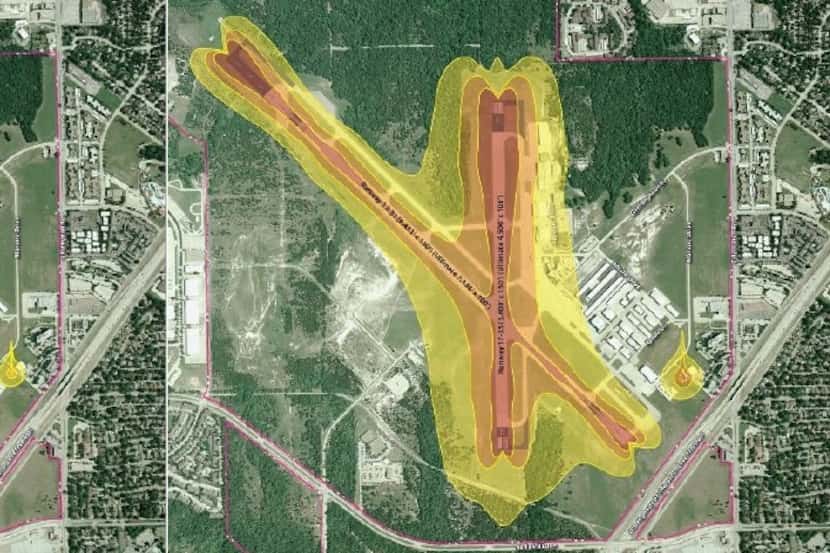  Existing "noise contours" at the Dallas Executive Airport, left, and what they're expected...