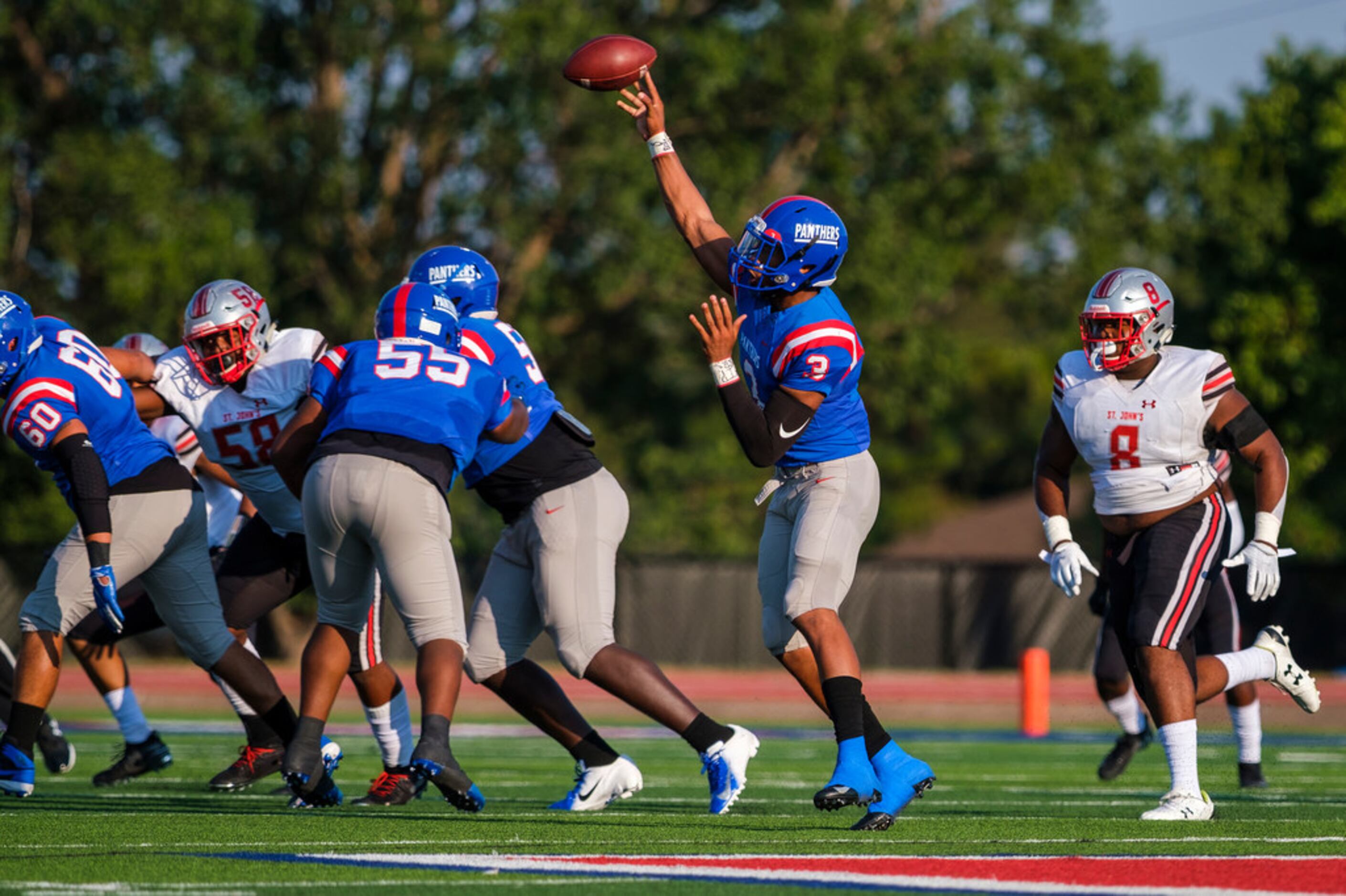 Duncanville quarterback Ja'quinden Jackson (3) throws a pass during the first half of a high...