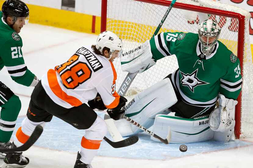 Philadelphia Flyers right wing Ryan Hartman (38) attacks the goal against Dallas Stars...