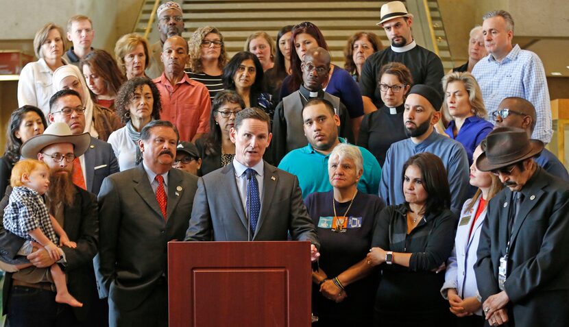 Dallas County Judge Clay Jenkins spoke during a press conference held by community leaders...