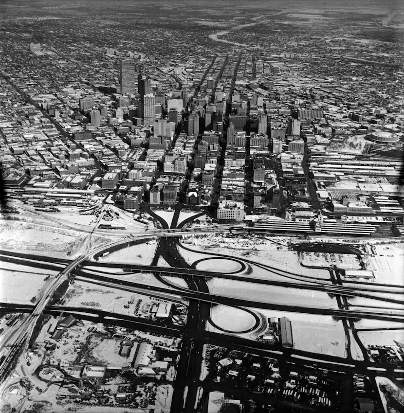 An aerial photo shows snow in downtown Dallas on Jan. 28, 1961.