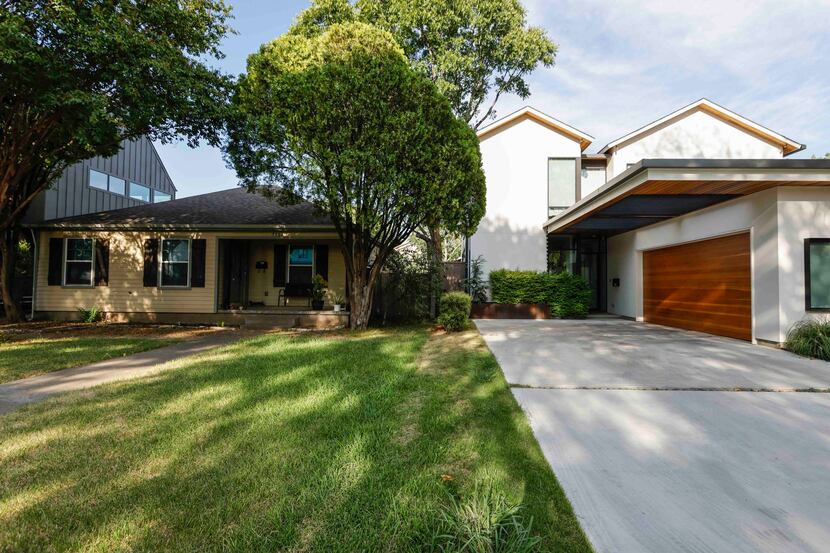 One of Elm Thicket-Northpark's traditional homes sits between two new-design contemporary...