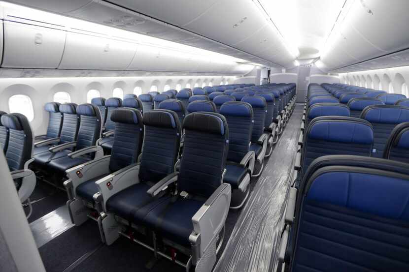 Economy-class seating is shown on a new United Airlines Boeing 787-9 undergoing final...