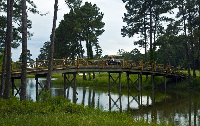 The wooden bridge from tee box to green on the par-3 No. 16  at Whispering Pines Golf Club...