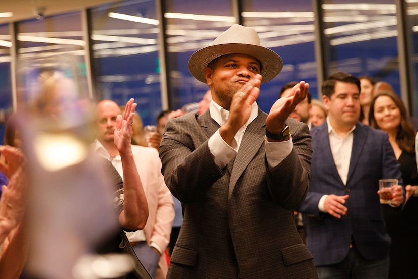 Dallas Mayor Eric Johnson celebrates the result during an election night party at Reunion...