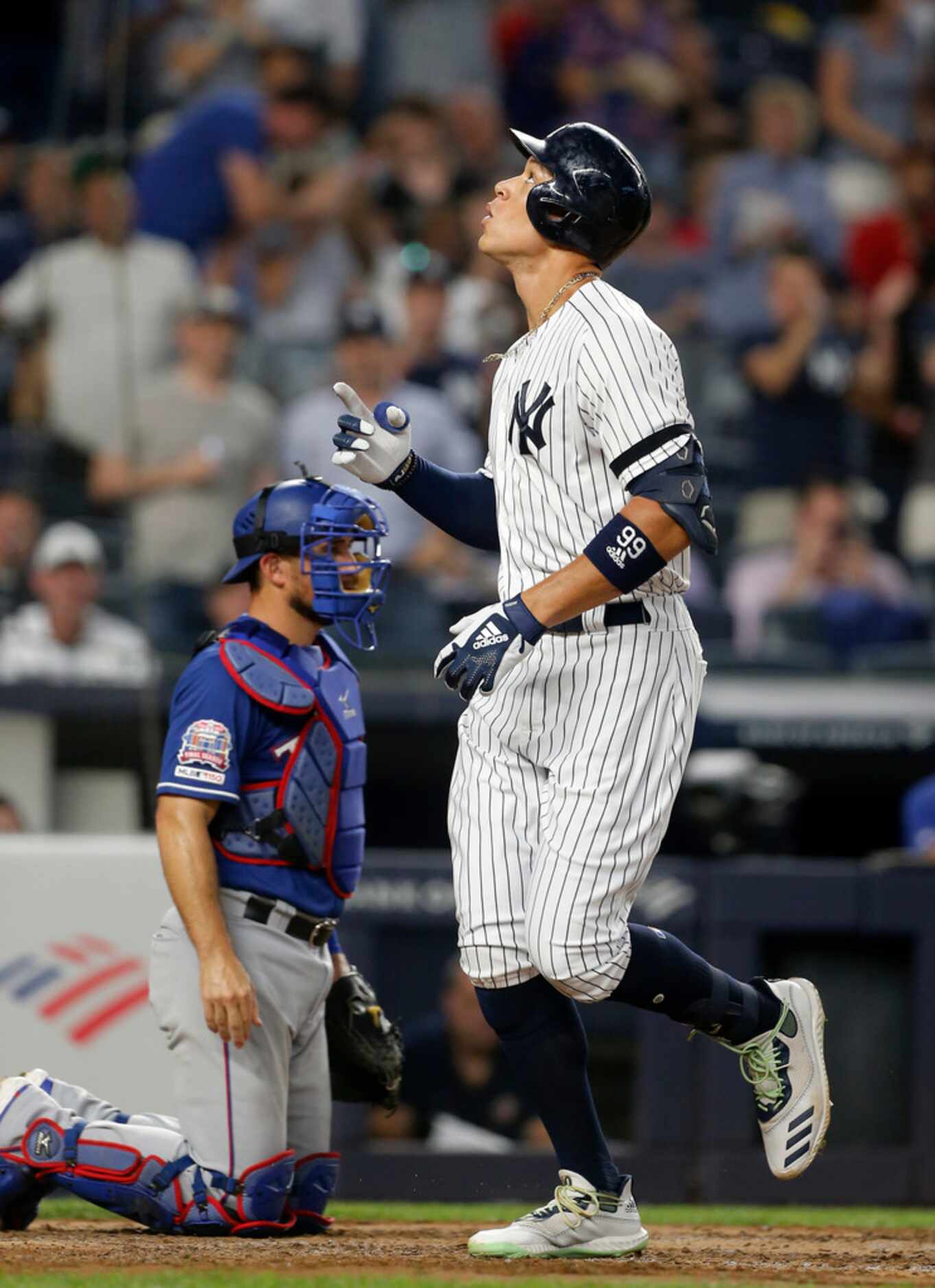 NEW YORK, NEW YORK - SEPTEMBER 04:   Aaron Judge #99 of the New York Yankees celebrates his...