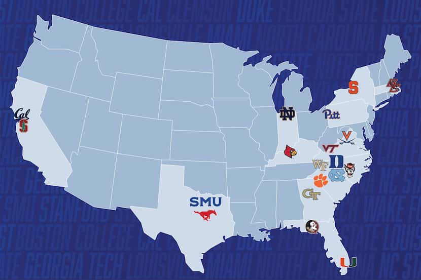 Map showing the locations of colleges and universities that are part of the Atlantic Coast...
