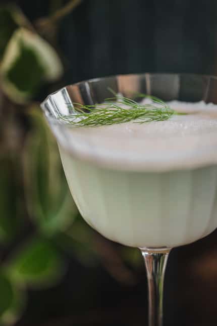 The Garden Fizz is a cocktail made with vodka, pisco, bitter bianco, lemon, egg white and...