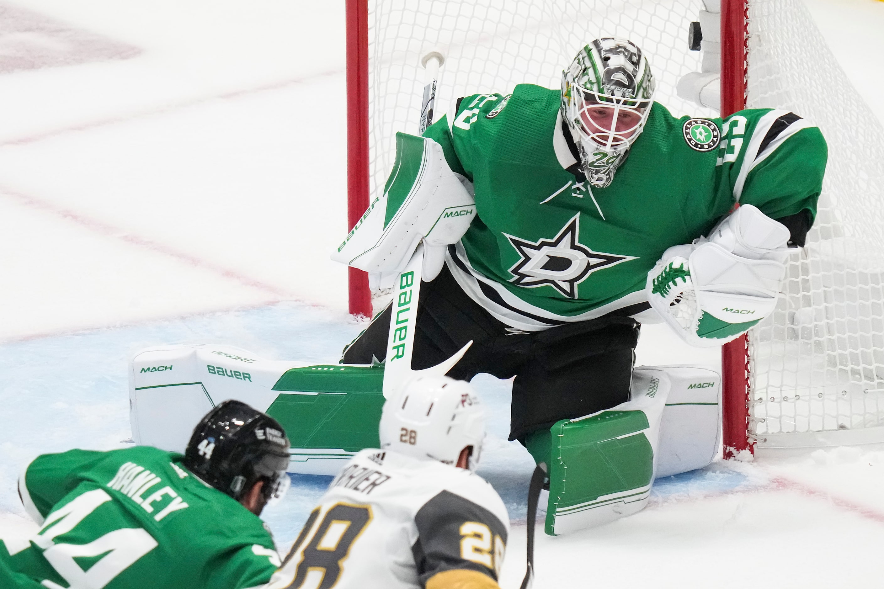 A shot by Vegas Golden Knights left wing William Carrier (28) beats Dallas Stars goaltender...