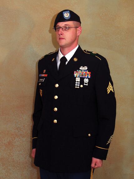 A photo of Kevin Bowden in his National Guard uniform, wearing various badges.