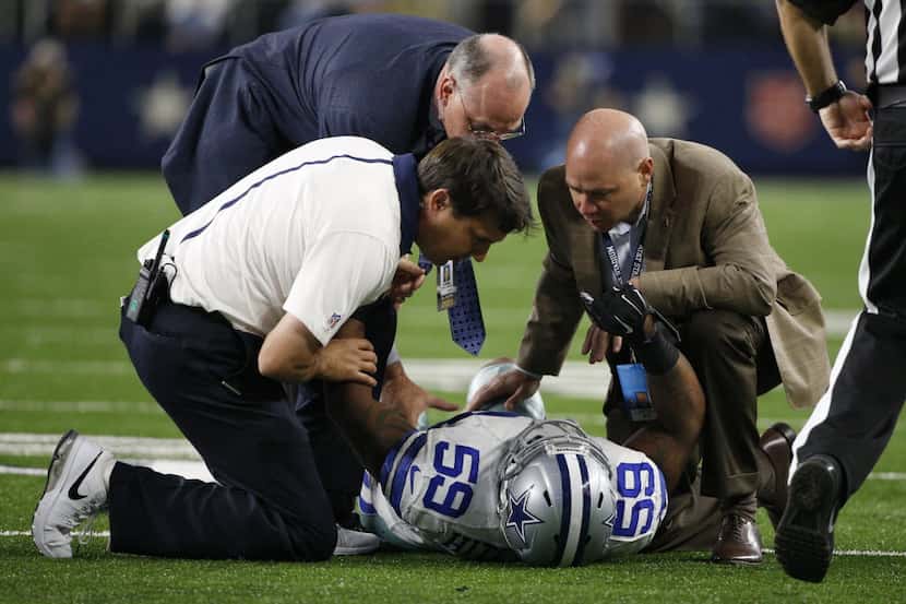 Dallas Cowboys middle linebacker Anthony Hitchens (59) is hurt against Philadelphia Eagles...