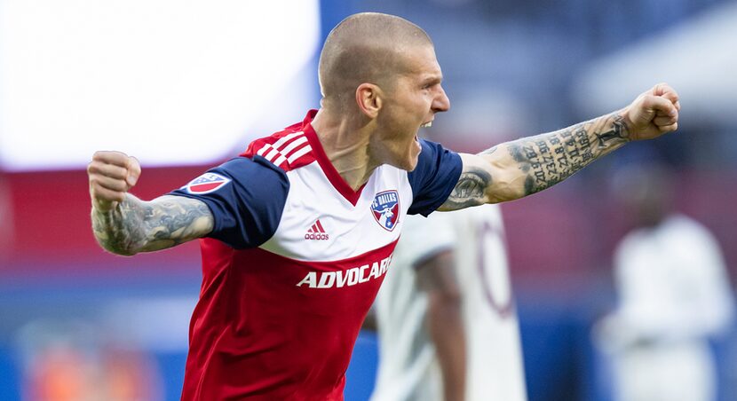 FRISCO, TX - MARCH 23: FC Dallas forward Zdenek Ondrasek (#13) celebrates a second half goal...