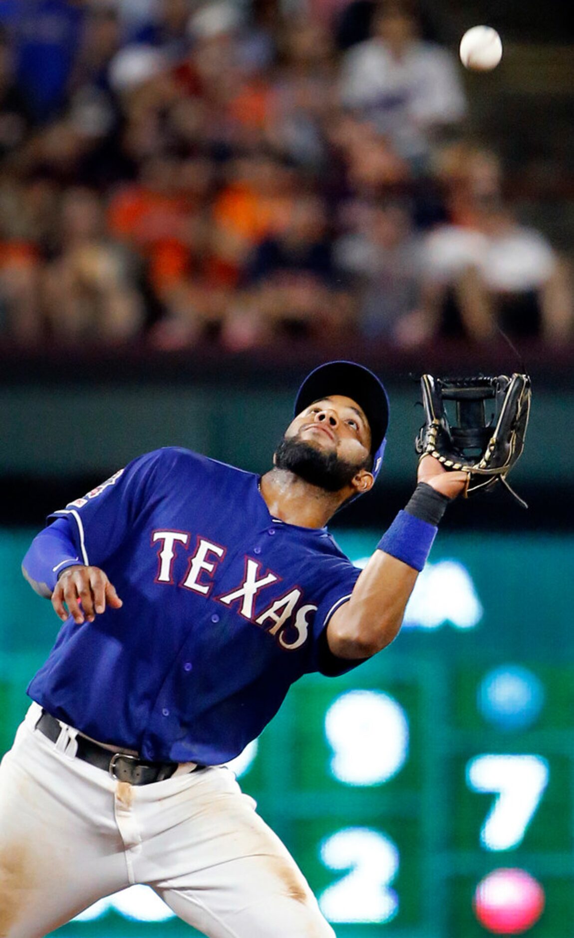 Texas Rangers shortstop Elvis Andrus (1) catches a pop up by Houston Astros batter Yuli...