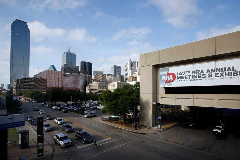 Signage for the National Rifle Association's 2018 convention is shown outside the Kay Bailey...