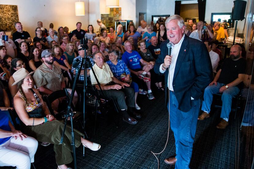 Democrat Mike Collier spoke at a town hall meeting hosted by the Funky East Dallas Democrats...