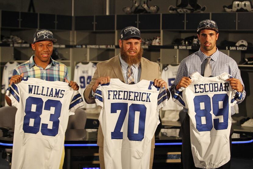 Dallas Cowboys draft picks Travis Frederick (left), Terrance Williams (center) and Gavin...