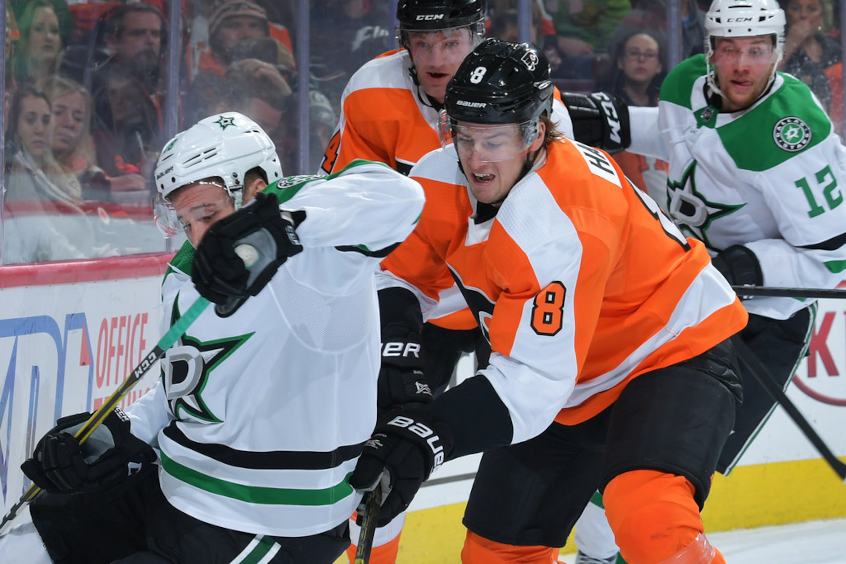 PHILADELPHIA, PENNSYLVANIA - JANUARY 10: Robert Hagg #8 of the Philadelphia Flyers checks...