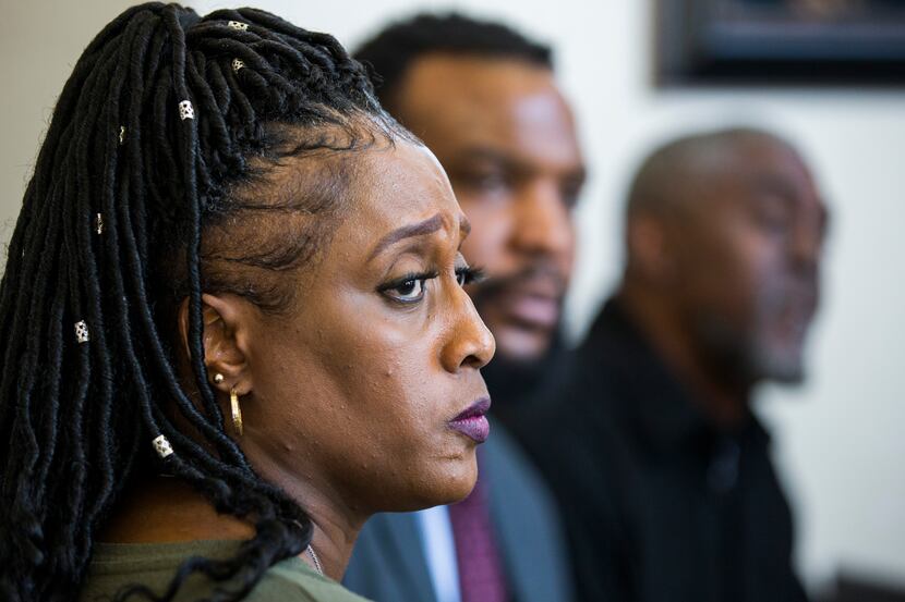 Froncella Reece, mother of Darius Tarver, speaks to reporters with Attorney Lee Merritt...
