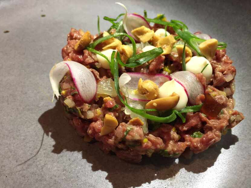 Beef tartare with cauliflower, Thai chile, peanuts and cilantro at FT33. Photographed Feb....