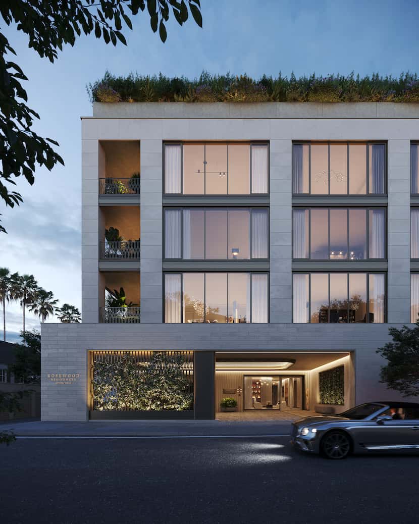 A rendering shows the main entrance to Rosewood Residences Beverly Hills on Charleville...