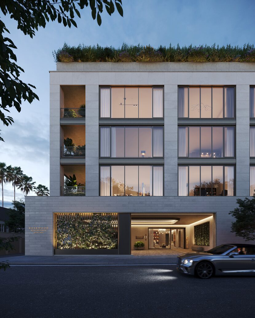 A rendering shows the main entrance to Rosewood Residences Beverly Hills on Charleville...