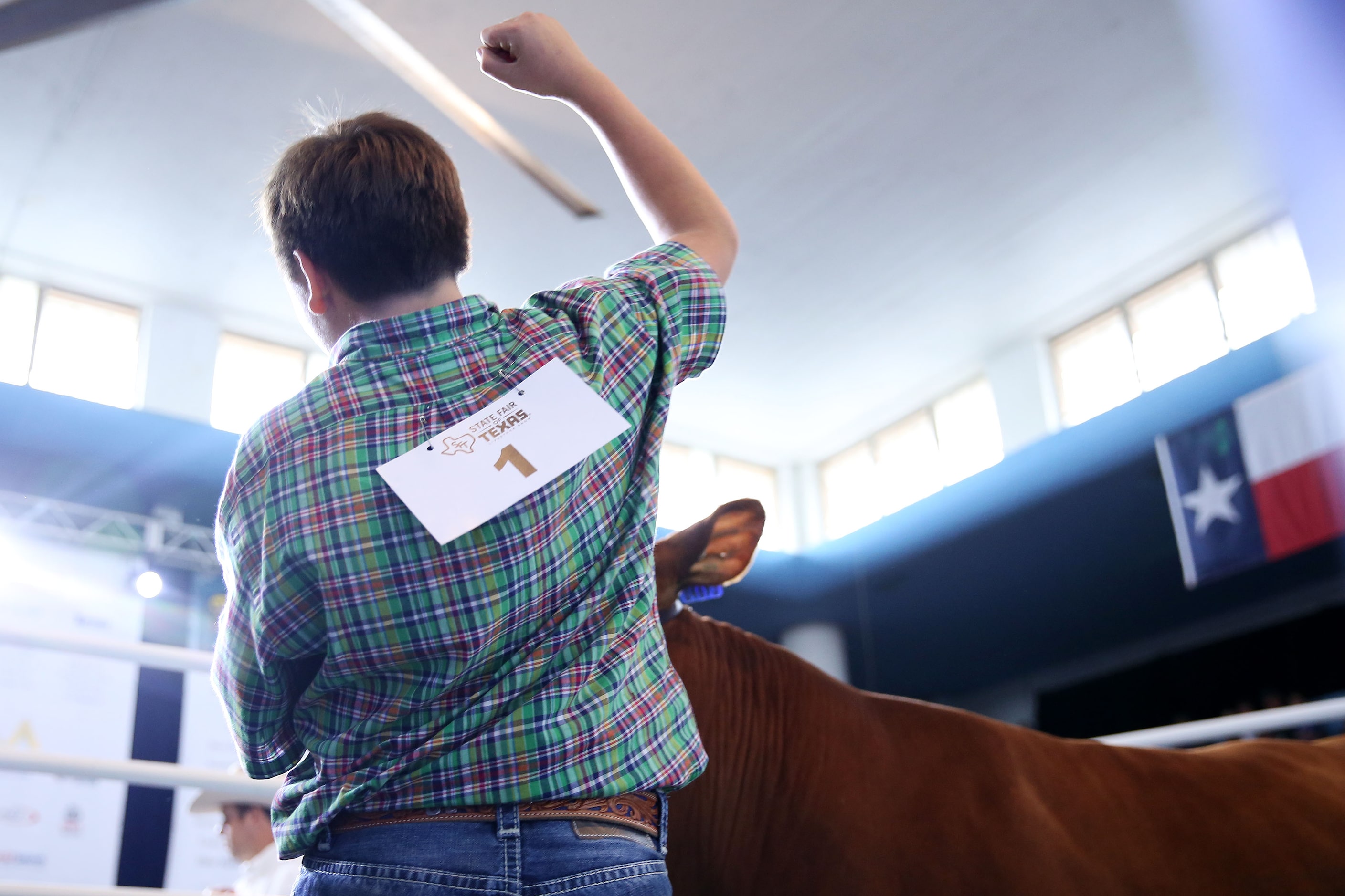 Jagger Horn, 14, celebrates at the conclusion of his grand champion steer being auctioned...