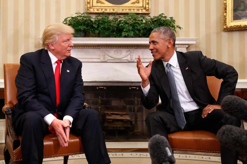 Donald Trump and Barack Obama meet in the White House.