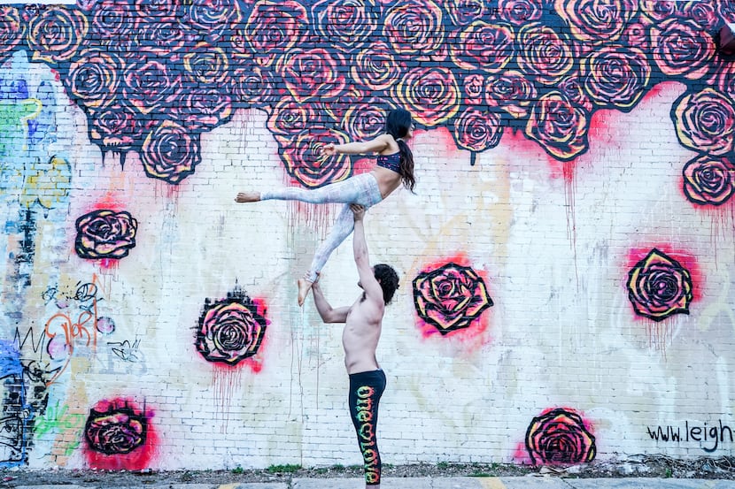 The murals of Deep Ellum provide a cool backdrop for AcroYoga for Max Lowenstein and Liz Kong