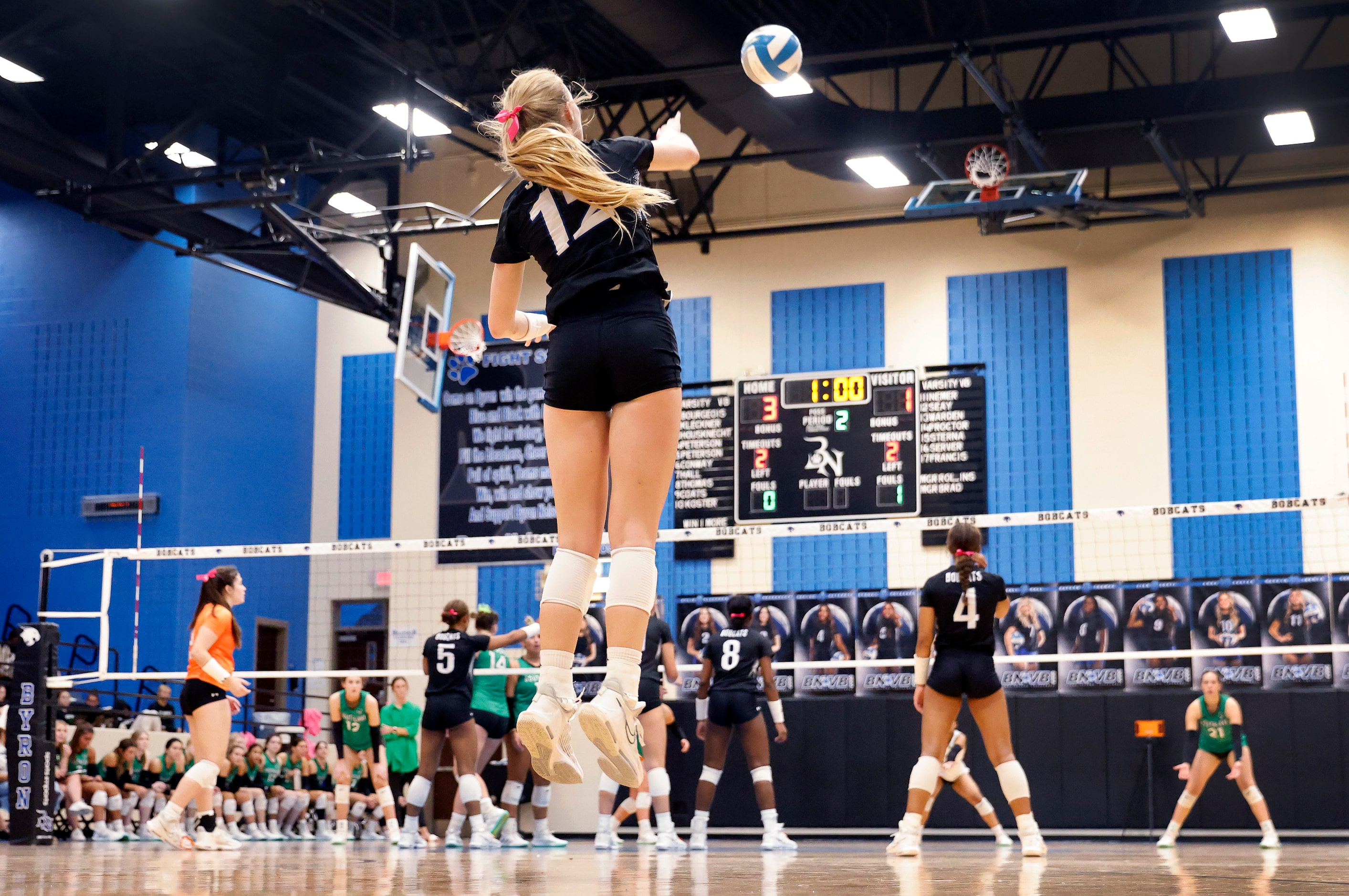 Trophy Club Byron Nelson’s Ashlyn Seay (12) serves the ball to Southlake Carroll during...