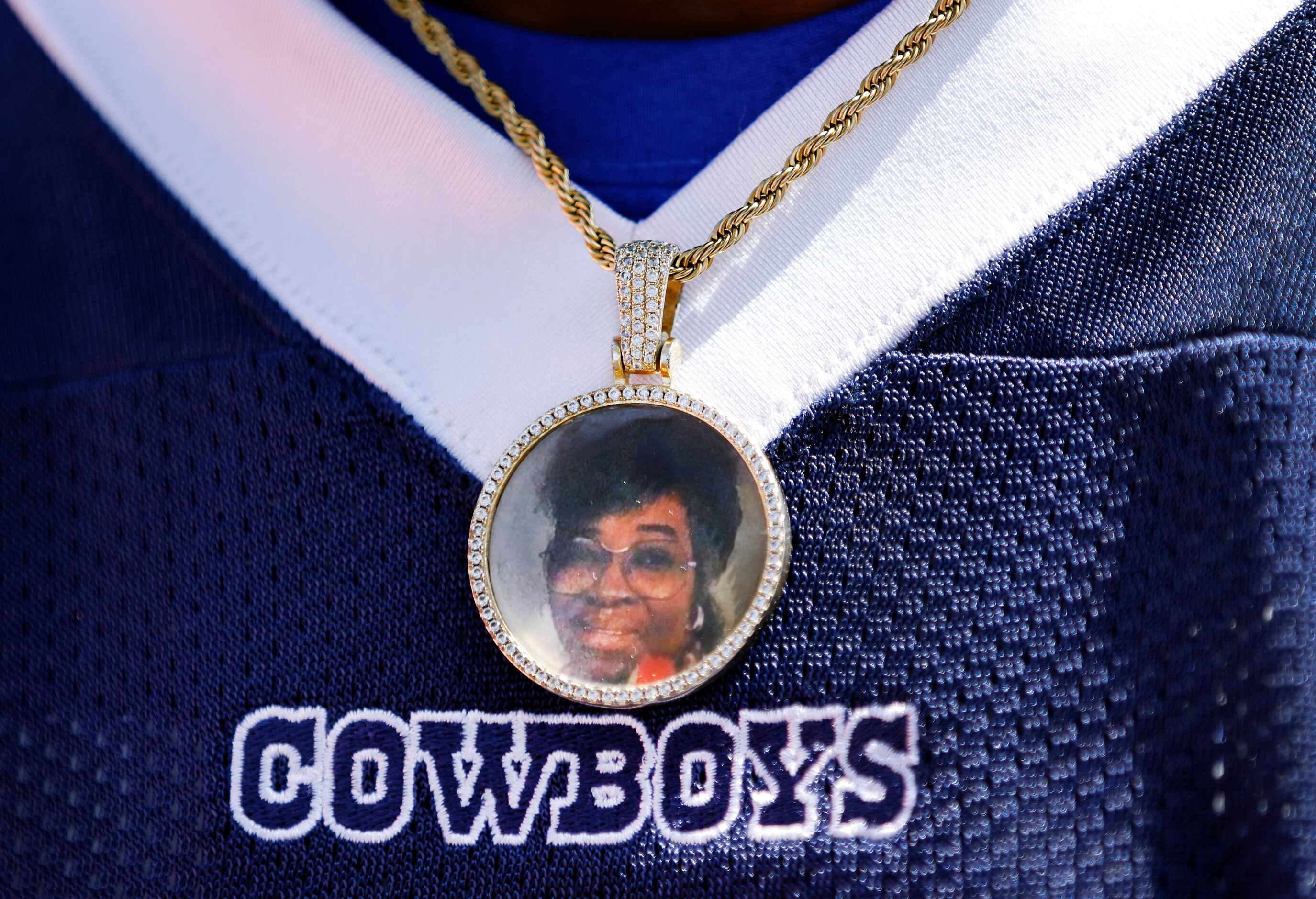 Dallas Cowboys safety Donovan Wilson wears a photo of his late grandmother Dorothy Wilson...