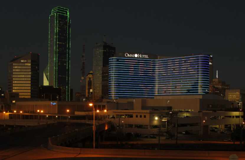 The Omni Dallas Hotel used its exterior lights to spell out a big "thank you' as it...