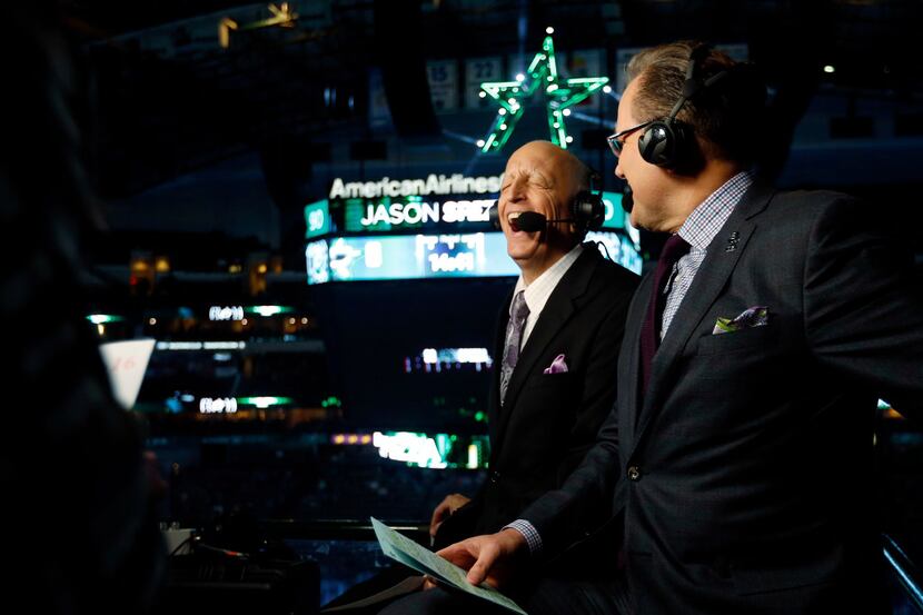 Dallas Stars play-by-play Dave Strader (left) shares a laugh with broadcast partner Daryl...