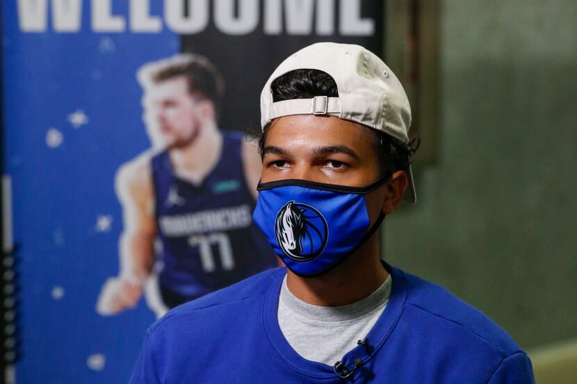 Dallas Mavericks guard Tyrell Terry sits for an interview during a Mavs Academy Hoop Camp at...