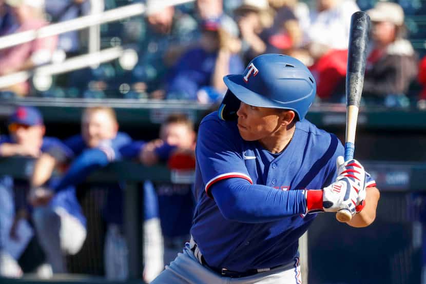 Texas Rangers outfielder Dustin Harris hits during the ninth inning of a spring training...