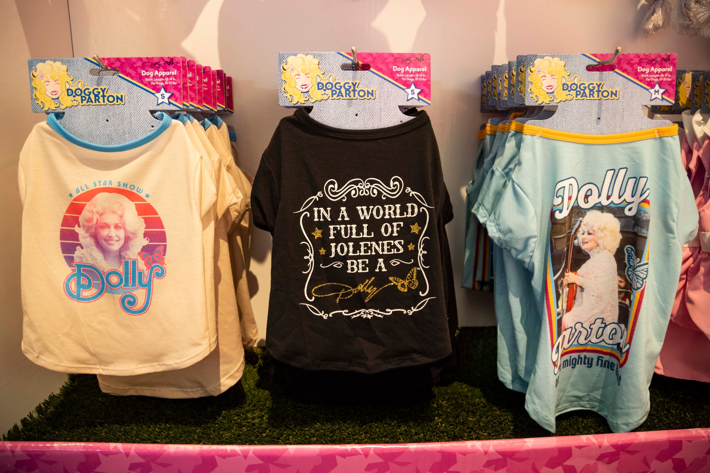 Dog attire for sale at the Dolly Parton pop-up store during a media preview to kick off the...