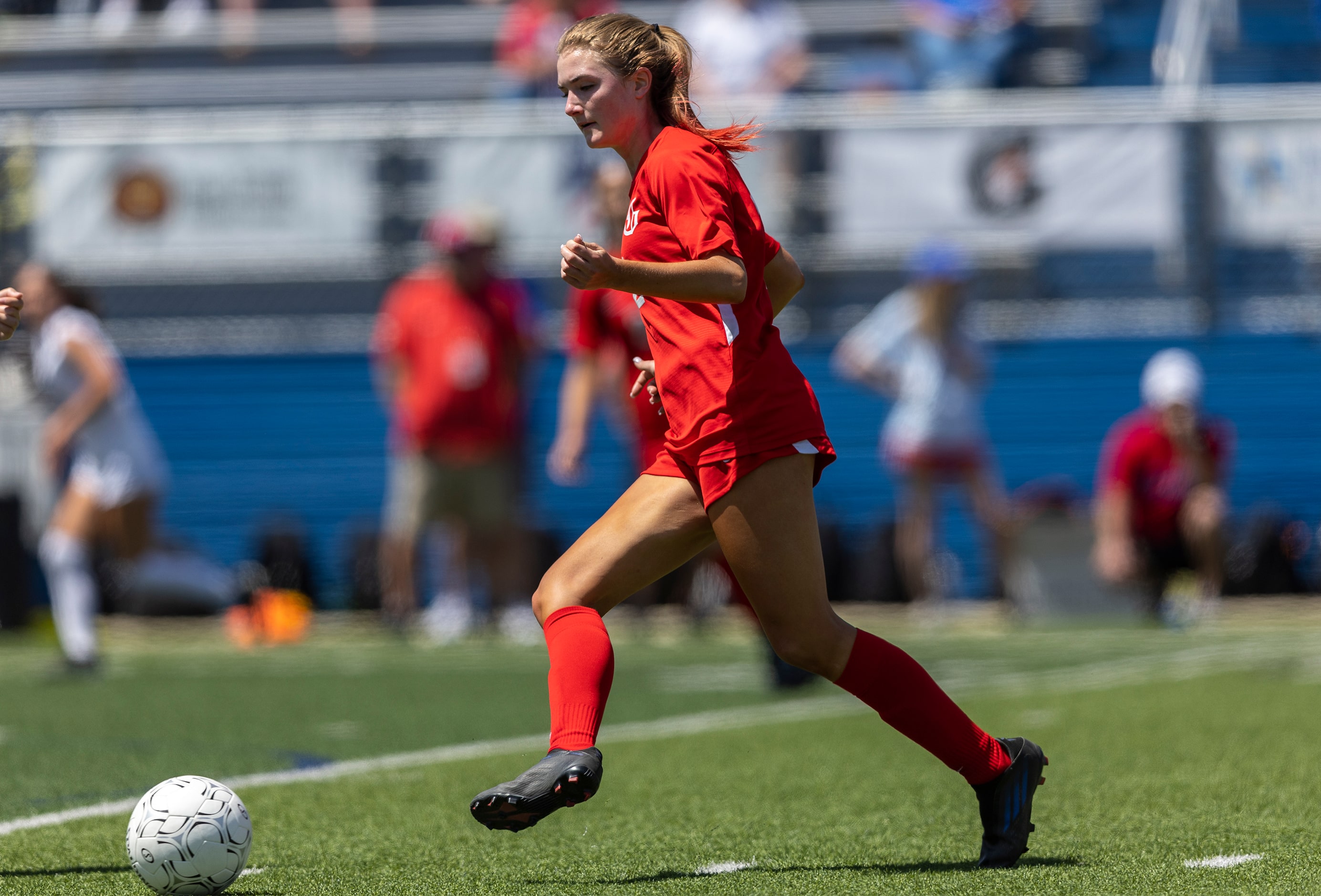 Grapevine forward Samantha Larsen drives towards the goal against Boerne Champion during a...