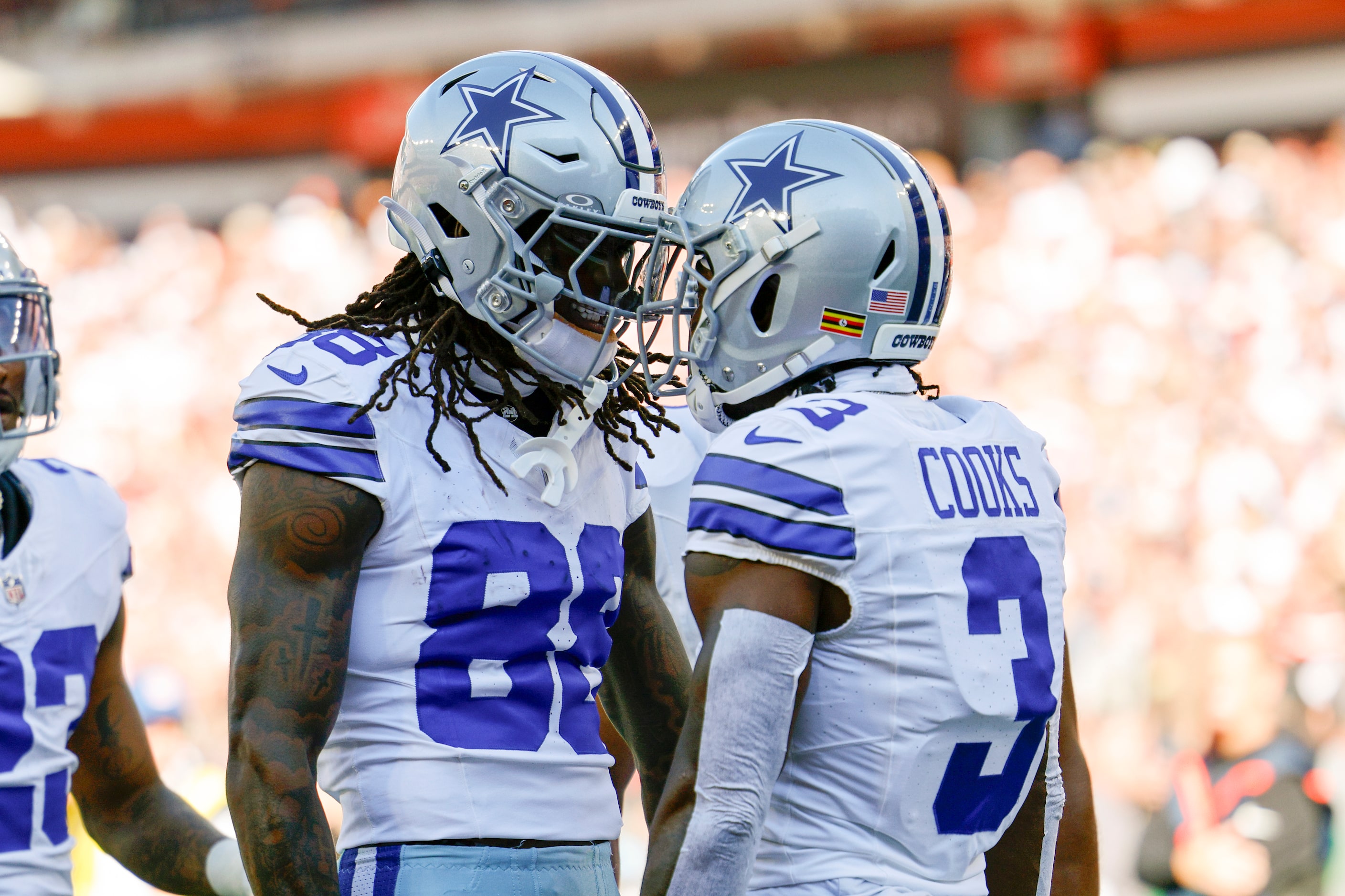 Dallas Cowboys wide receiver Brandin Cooks (3) celebrates his touchdown with wide receiver...