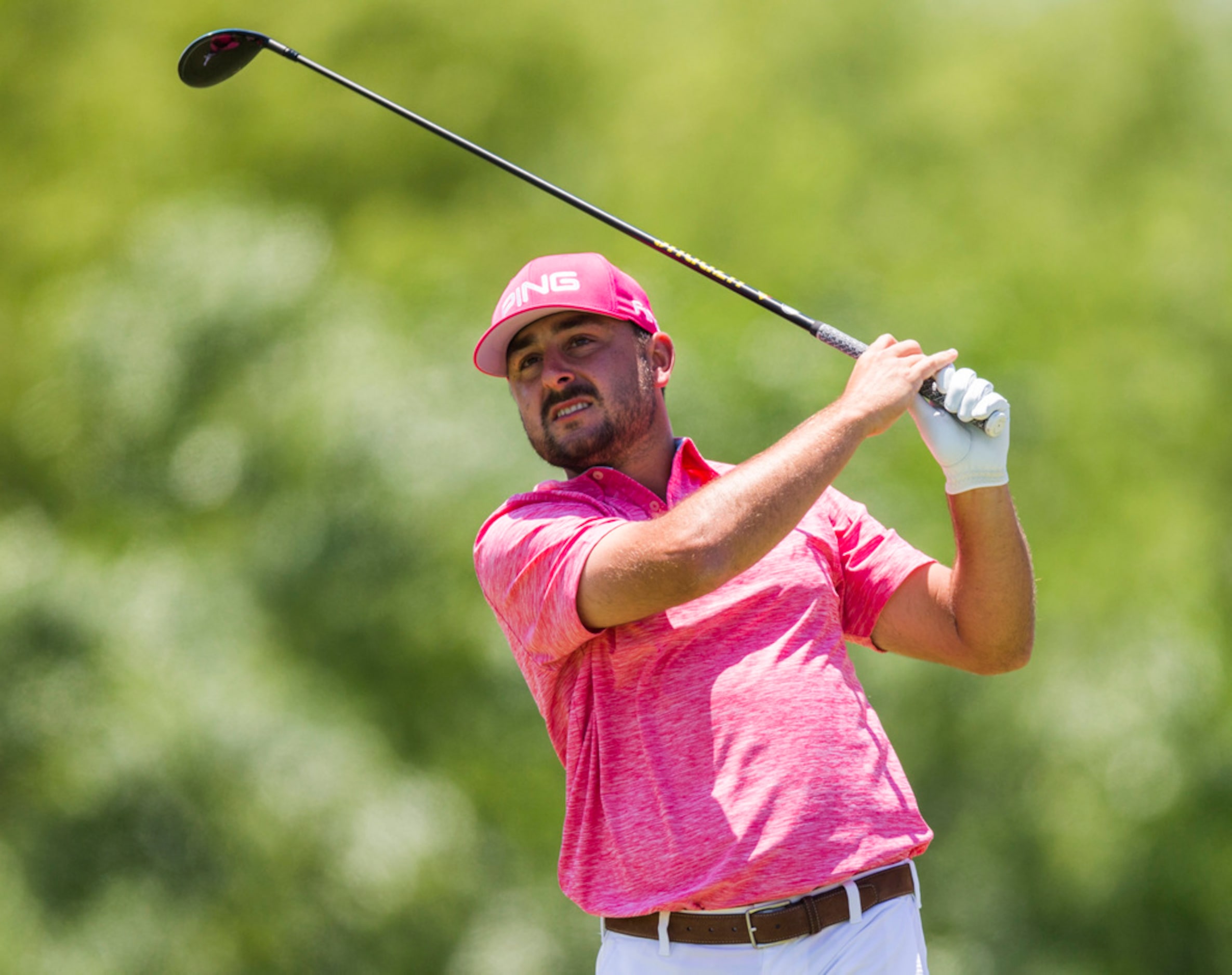 Stephan Jaeger tees off at hole 4 during round 4 of the AT&T Byron Nelson golf tournament on...