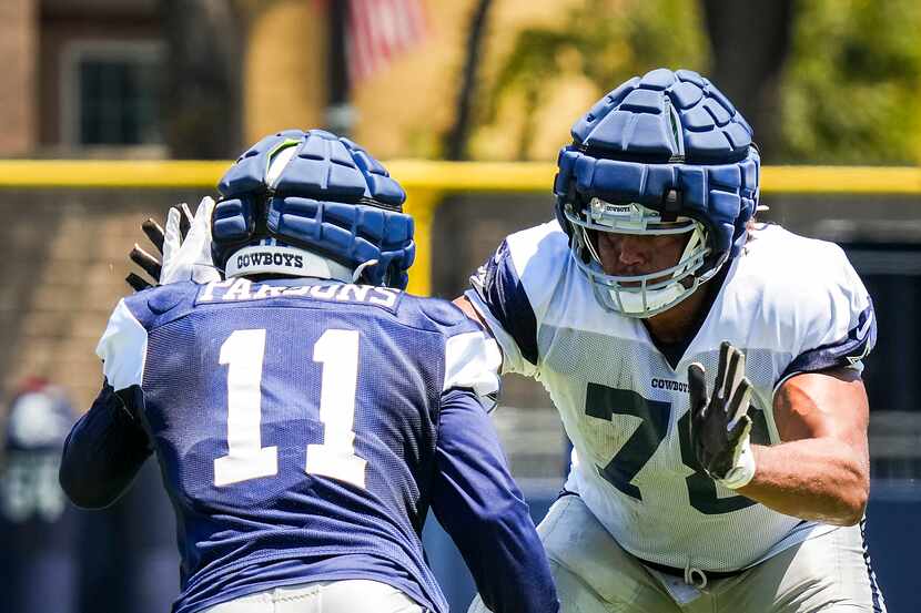Dallas Cowboys offensive lineman Terence Steele (78) works against linebacker Micah Parsons...