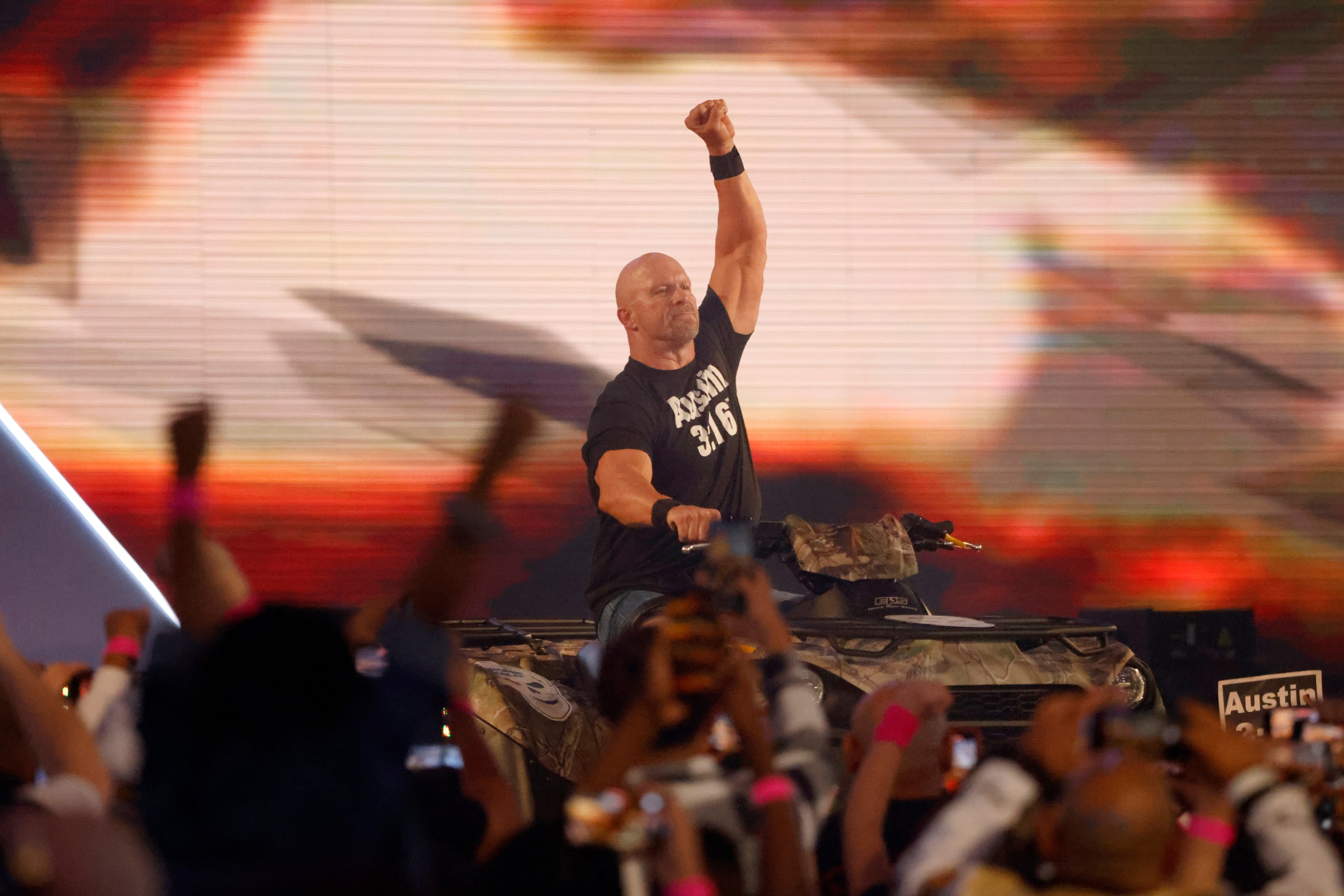 “Cold Stone” Steve Austin makes an entrance during WrestleMania in Arlington, Texas on...