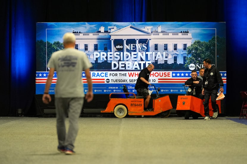 Signage at the media filing center ahead of the presidential debate between Republican...