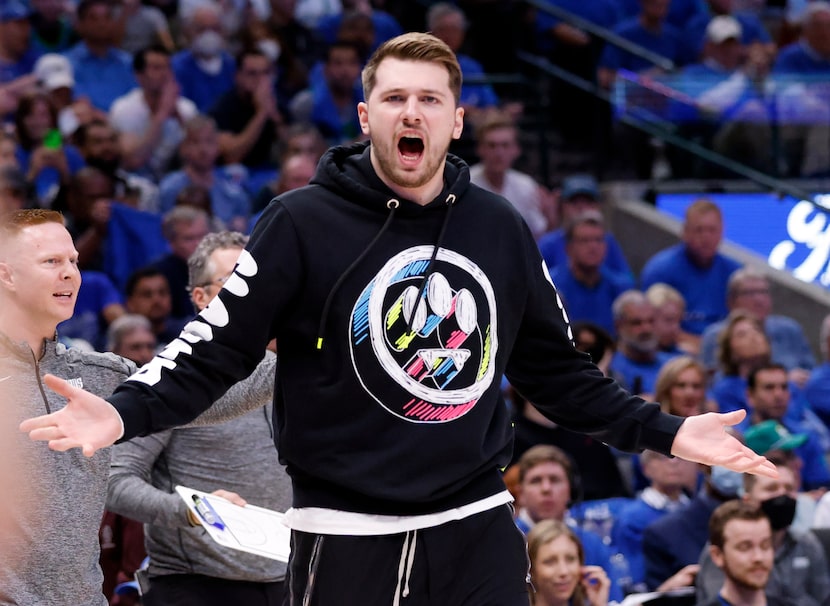 Dallas Mavericks guard Luka Doncic reacts to a call during the first half in Game 1 of an...