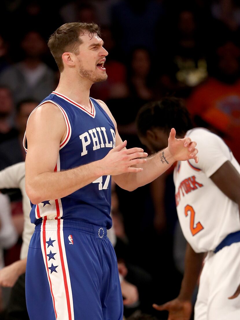 NEW YORK, NY - APRIL 12:  Tiago Splitter #47 of the Philadelphia 76ers reacts after a call...