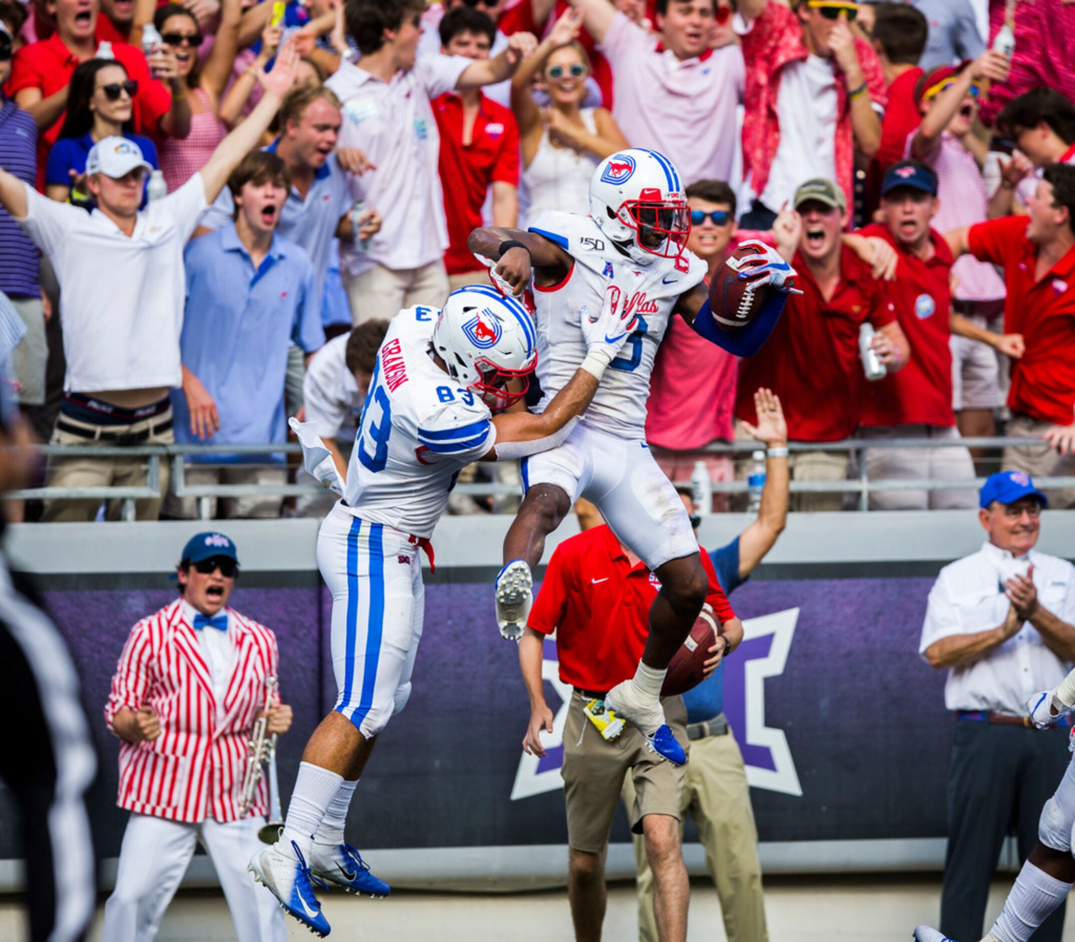 Southern Methodist Mustangs wide receiver James Proche (3) and tight end Kylen Granson (83)...