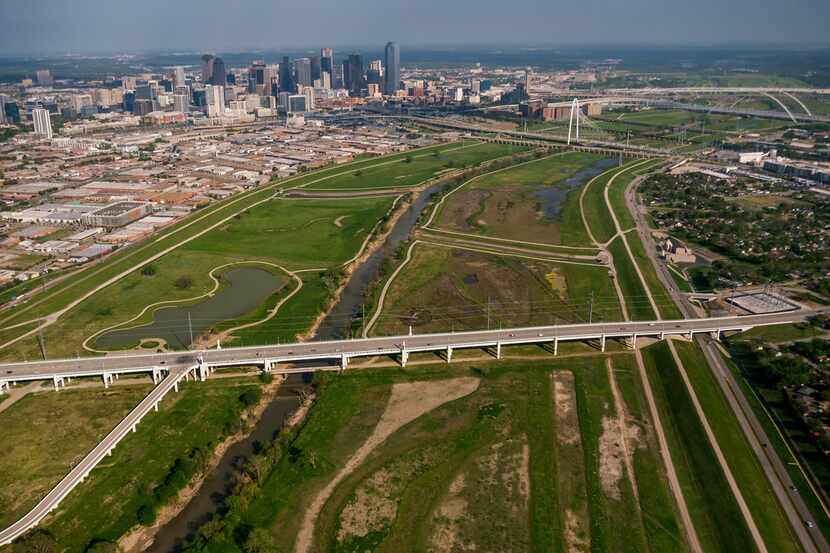 Aerial view of the downtown skyline, Trinity River and Margaret Hunt Hill Bridge on...