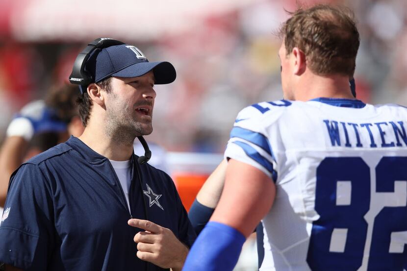 SANTA CLARA, CA - OCTOBER 02:   Injured quarterback Tony Romo #8 of the Dallas Cowboys talks...