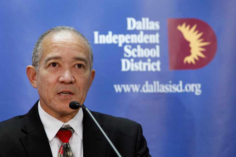 DISD Superintendent Mike Miles talks at a press conference about the recent DISD audit at...