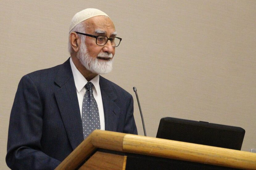 
Imam Mubasher Ahmed addresses guests at the “Muhammad — Messenger of Peace” conference at...