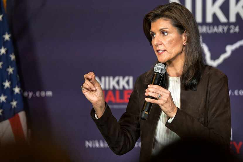 Republican presidential candidate former UN Ambassador Nikki Haley speaks at a campaign...